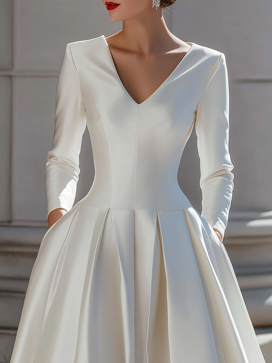 Marie – Elegant Satin V-Neck Pleated A-Line Midi Dress