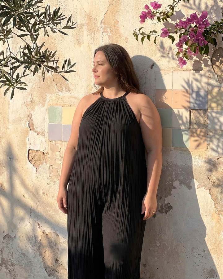 Sylvara | Pleated Halter Neck Wide Leg Relaxed Jumpsuit