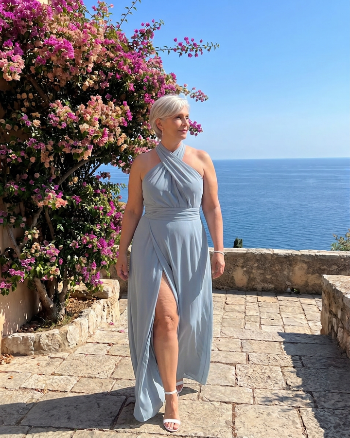 Vaelora | Cross Halter Draped Side Slit Midi Dress
