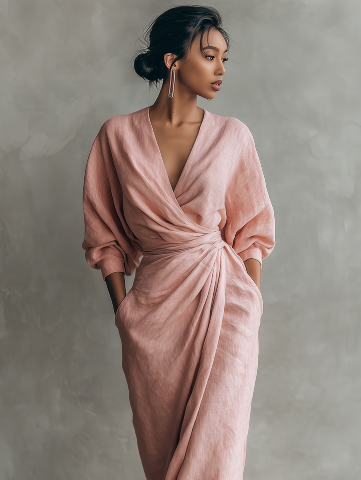 Naomi | Minimalist pink maxi dress with a V-neck in a linen blend