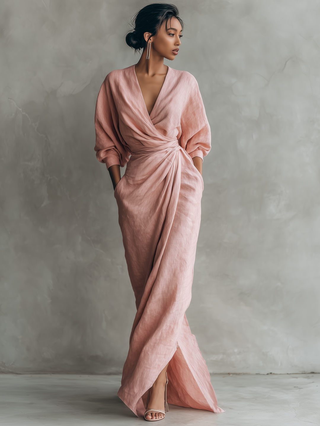 Naomi | Minimalist pink maxi dress with a V-neck in a linen blend
