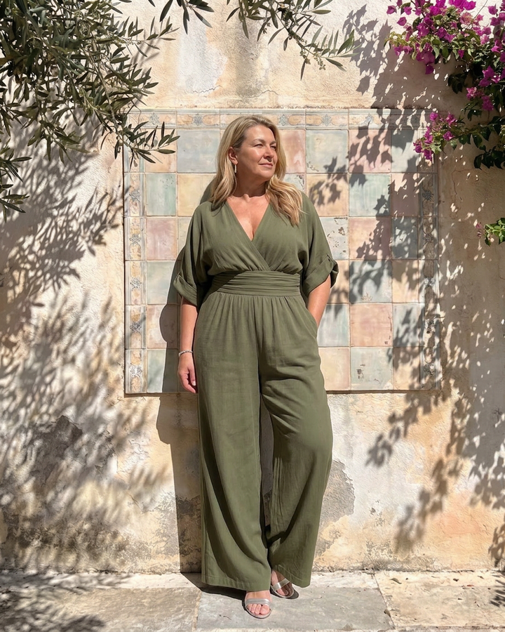 Emene | Draped V Neck Wide Leg Relaxed Jumpsuit