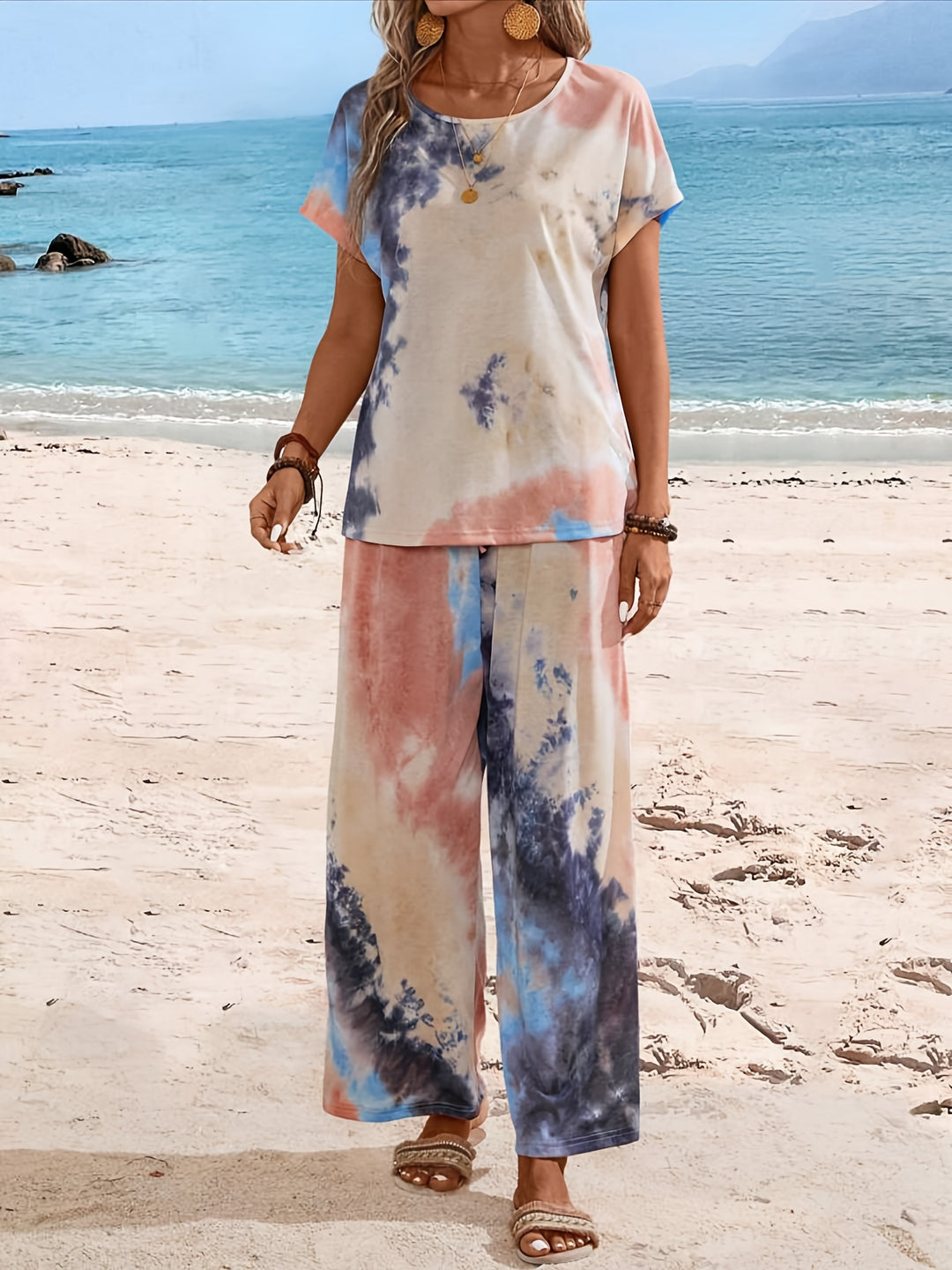 Spring Summer Casual Tie-Dye Printed Round Neck Short Sleeve Top T-Shirt, Drawstring Elastic Waist Straight Long Pants Women'S Pants Set