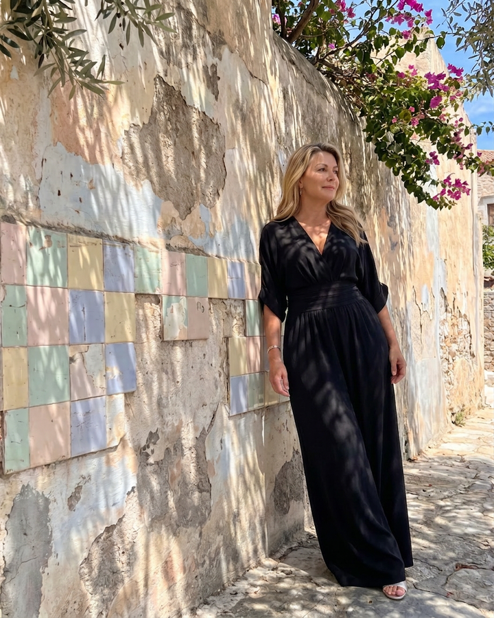 Emene | Draped V Neck Wide Leg Relaxed Jumpsuit