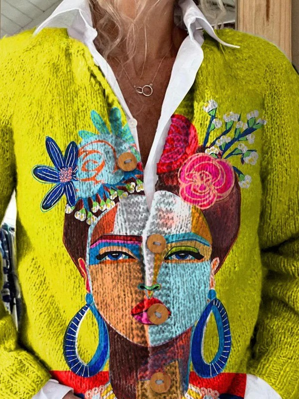 Ona | Oil Painting Frida Portrait Art Printed Buttoned Cardigan