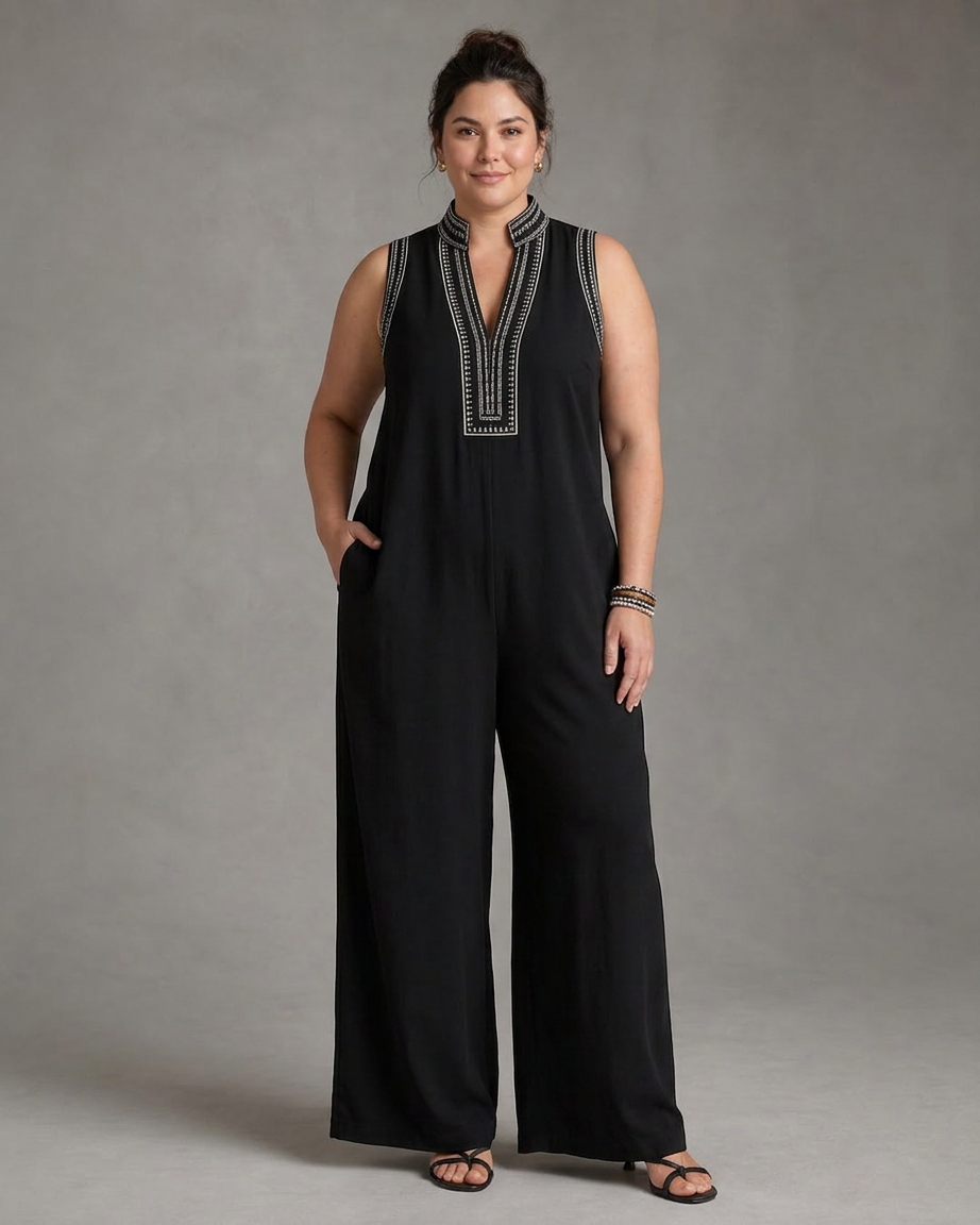 Velmira | Embroidered V Neck Sleeveless Wide Leg Jumpsuit