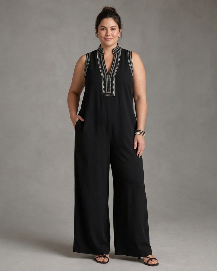 Velmira | Embroidered V Neck Sleeveless Wide Leg Jumpsuit