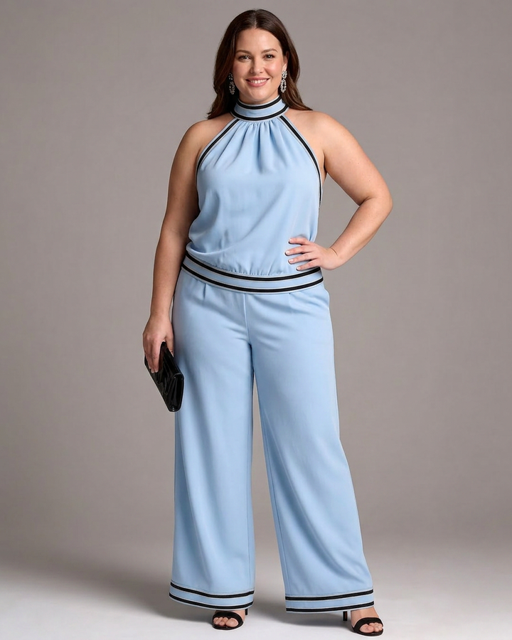 Zephyrine | Contrast Trim Halter Neck Wide Leg Jumpsuit