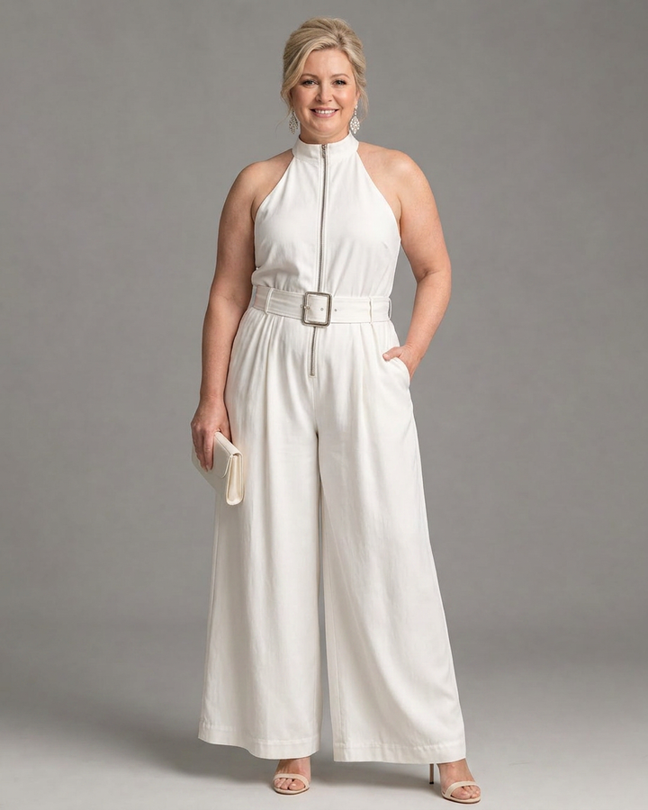 Astrielle | Belted High Neck Wide Leg Sleeveless Jumpsuit