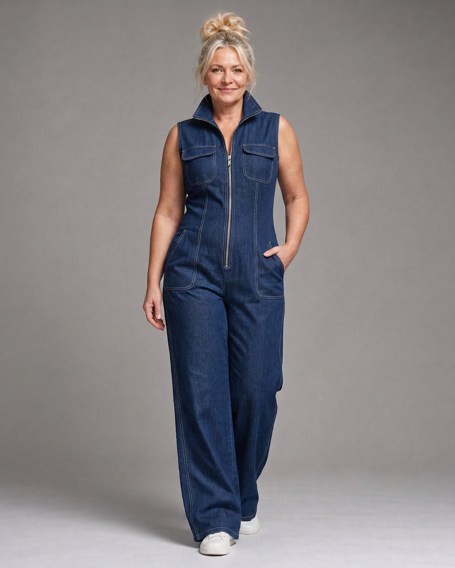 Samantha | Zip Front Sleeveless Denim Wide Leg Jumpsuit