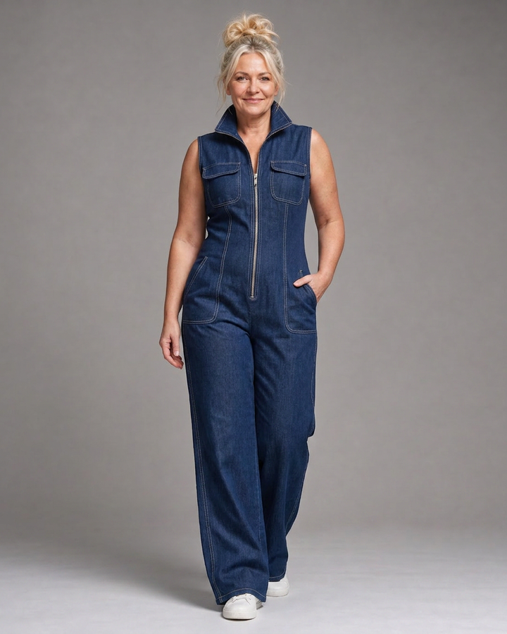 Samantha | Zip Front Sleeveless Denim Wide Leg Jumpsuit
