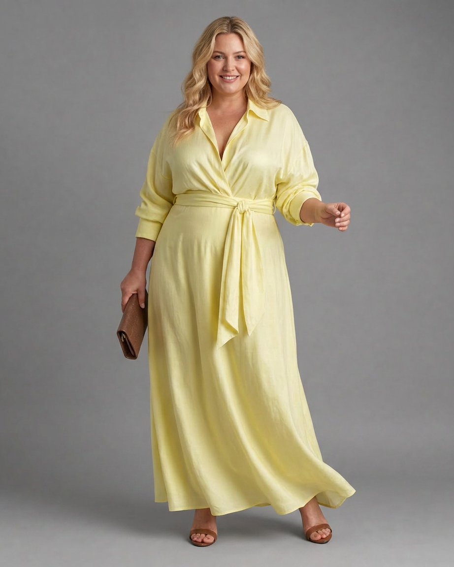 Zelith | Belted Collared Flowing Long Sleeve Midi Dress