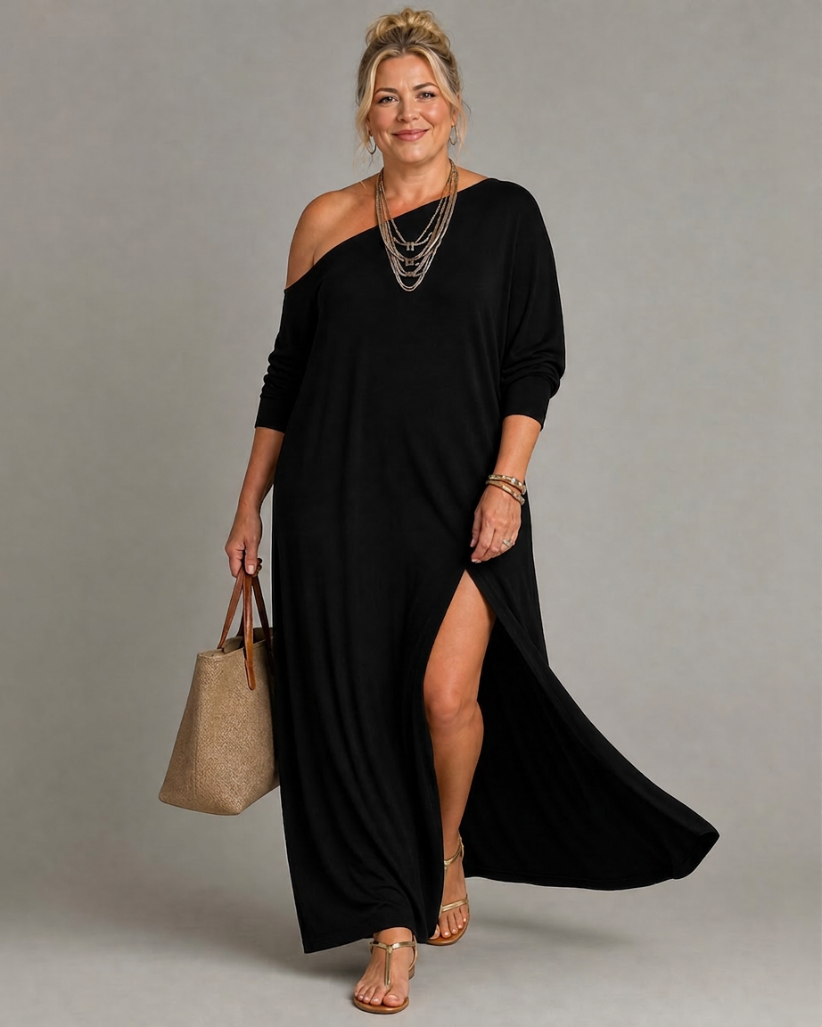 Asterelle | One Shoulder Side Slit Flowing Midi Dress