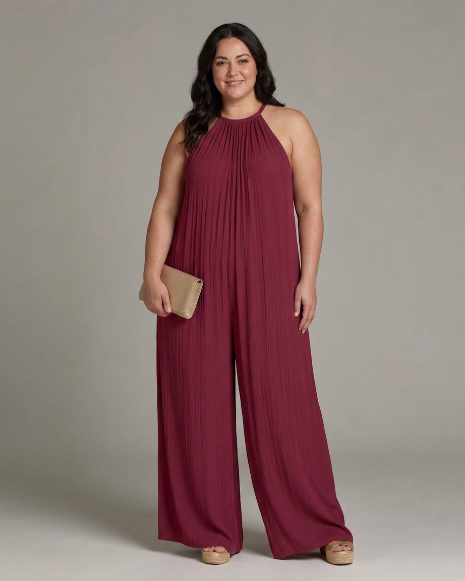 Sylvara | Pleated Halter Neck Wide Leg Relaxed Jumpsuit