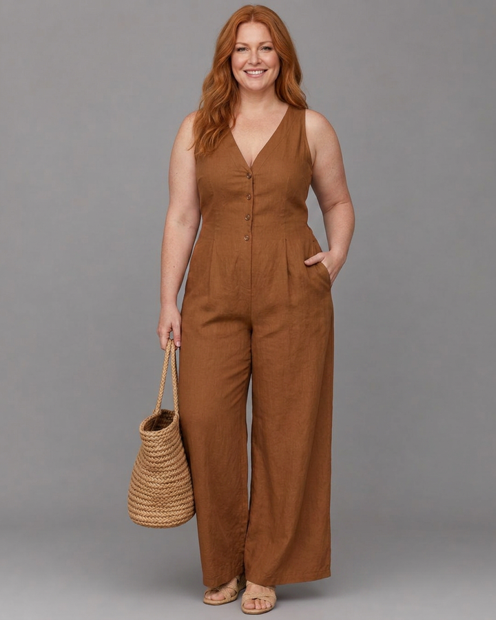 Lyssara | Button Front Sleeveless Wide Leg Relaxed Jumpsuit