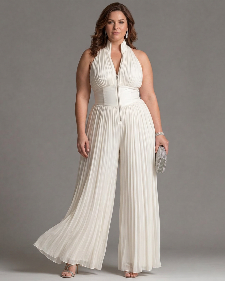 Zakira | Pleated Halter Neck Wide Leg Jumpsuit