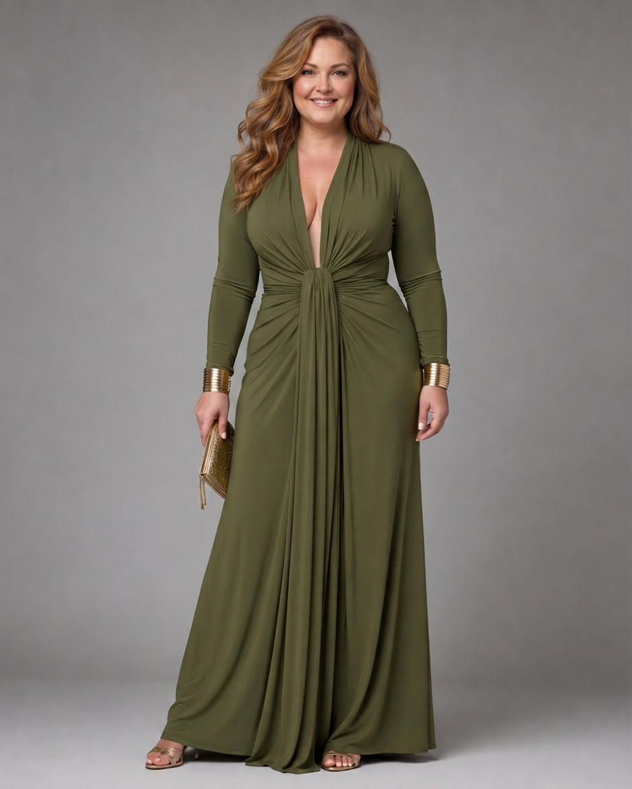 Vimmer | Draped Deep V Neck Long Sleeve Maxi Dress