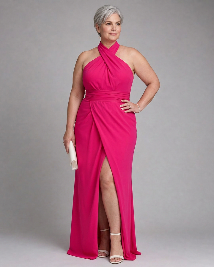 Vaelora | Cross Halter Draped Side Slit Midi Dress