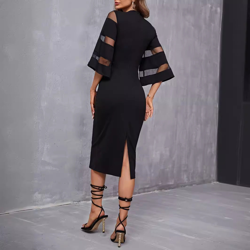 Francesca - Black Midi Dress with Sheer Ruffled Sleeves