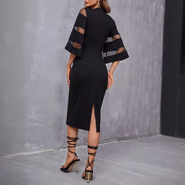 Francesca - Black Midi Dress with Sheer Ruffled Sleeves