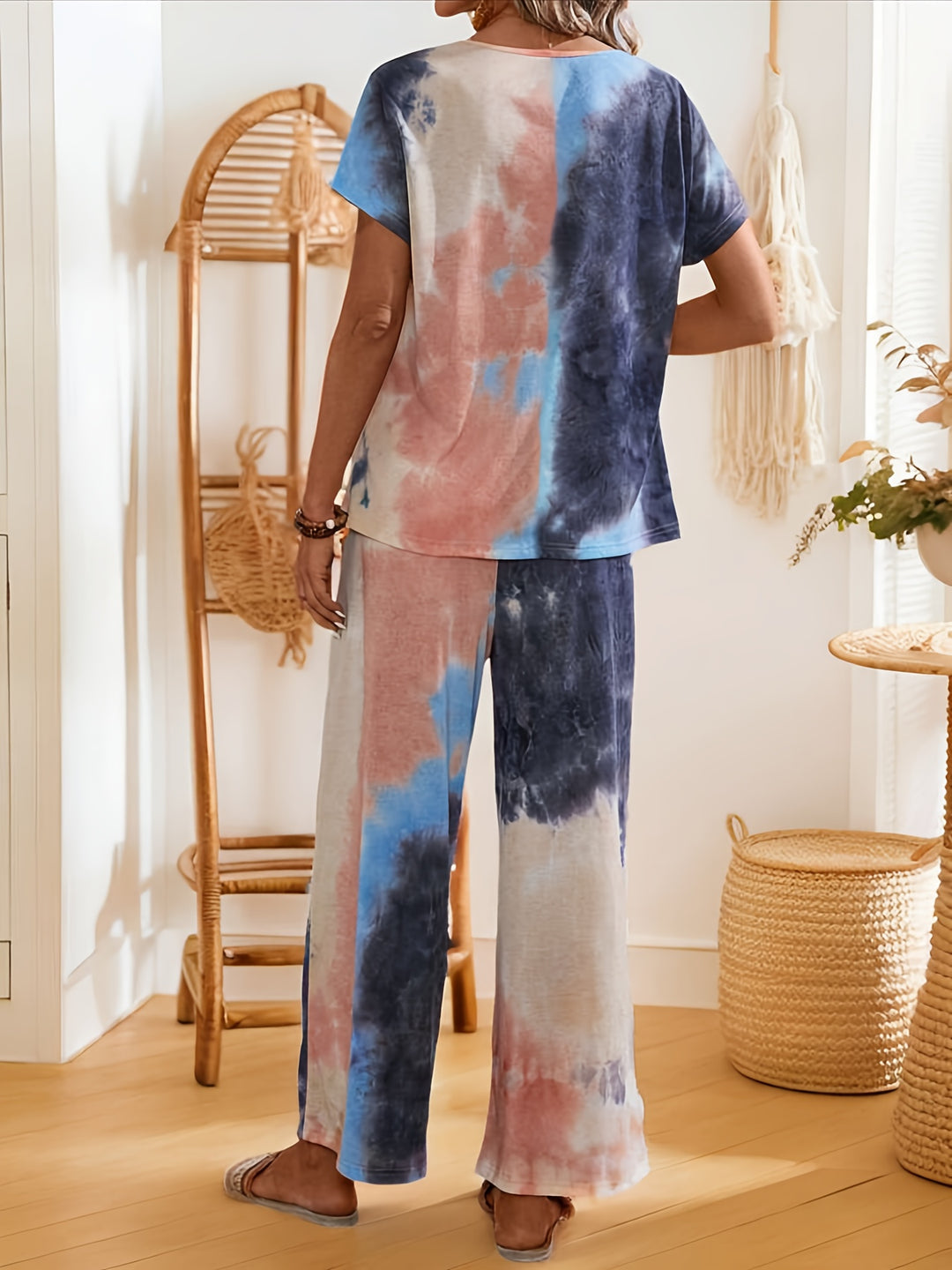 Spring Summer Casual Tie-Dye Printed Round Neck Short Sleeve Top T-Shirt, Drawstring Elastic Waist Straight Long Pants Women'S Pants Set
