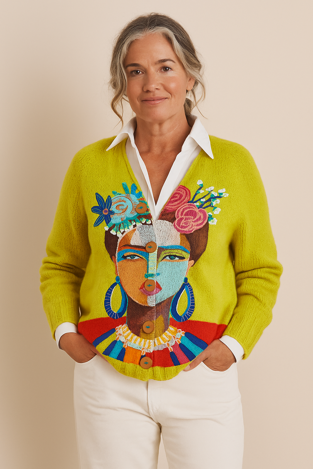 Ona | Oil Painting Frida Portrait Art Printed Buttoned Cardigan