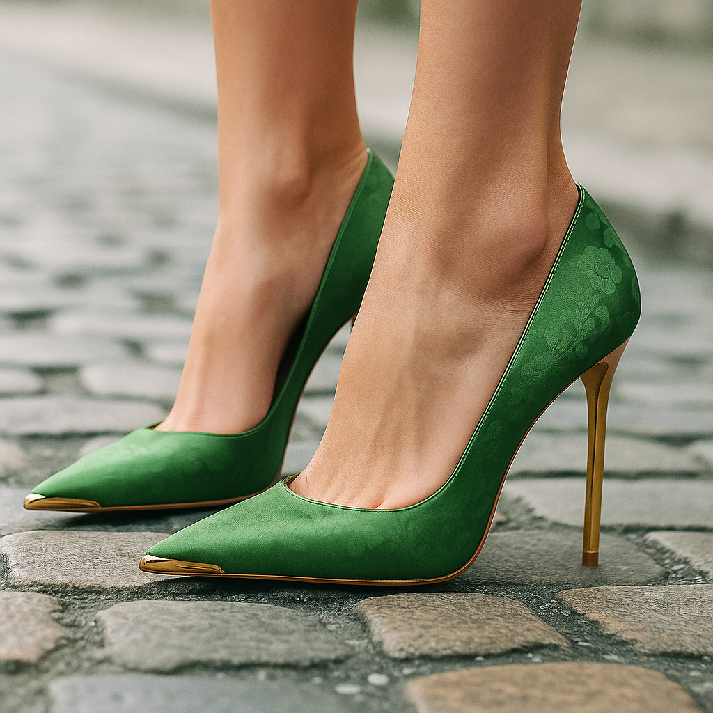 Green Éclat™ – Satin Heels with Gold Tip