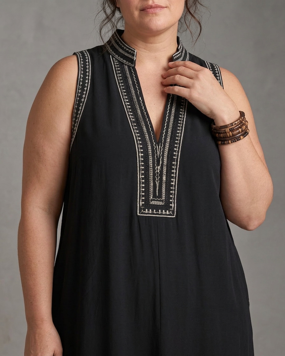 Velmira | Embroidered V Neck Sleeveless Wide Leg Jumpsuit
