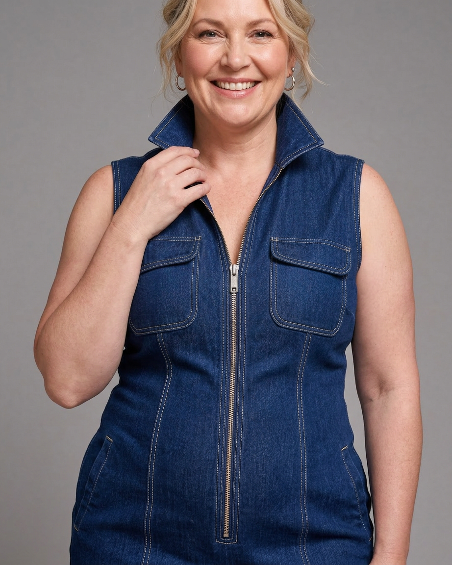 Samantha | Zip Front Sleeveless Denim Wide Leg Jumpsuit