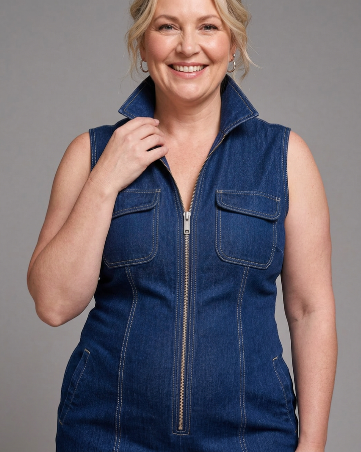 Samantha | Zip Front Sleeveless Denim Wide Leg Jumpsuit