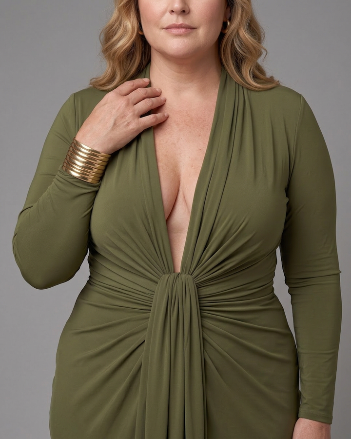Vimmer | Draped Deep V Neck Long Sleeve Maxi Dress