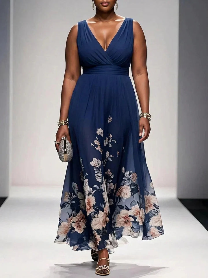 Rose | Light Blue Floral Chiffon V-Neck Maxi Dress