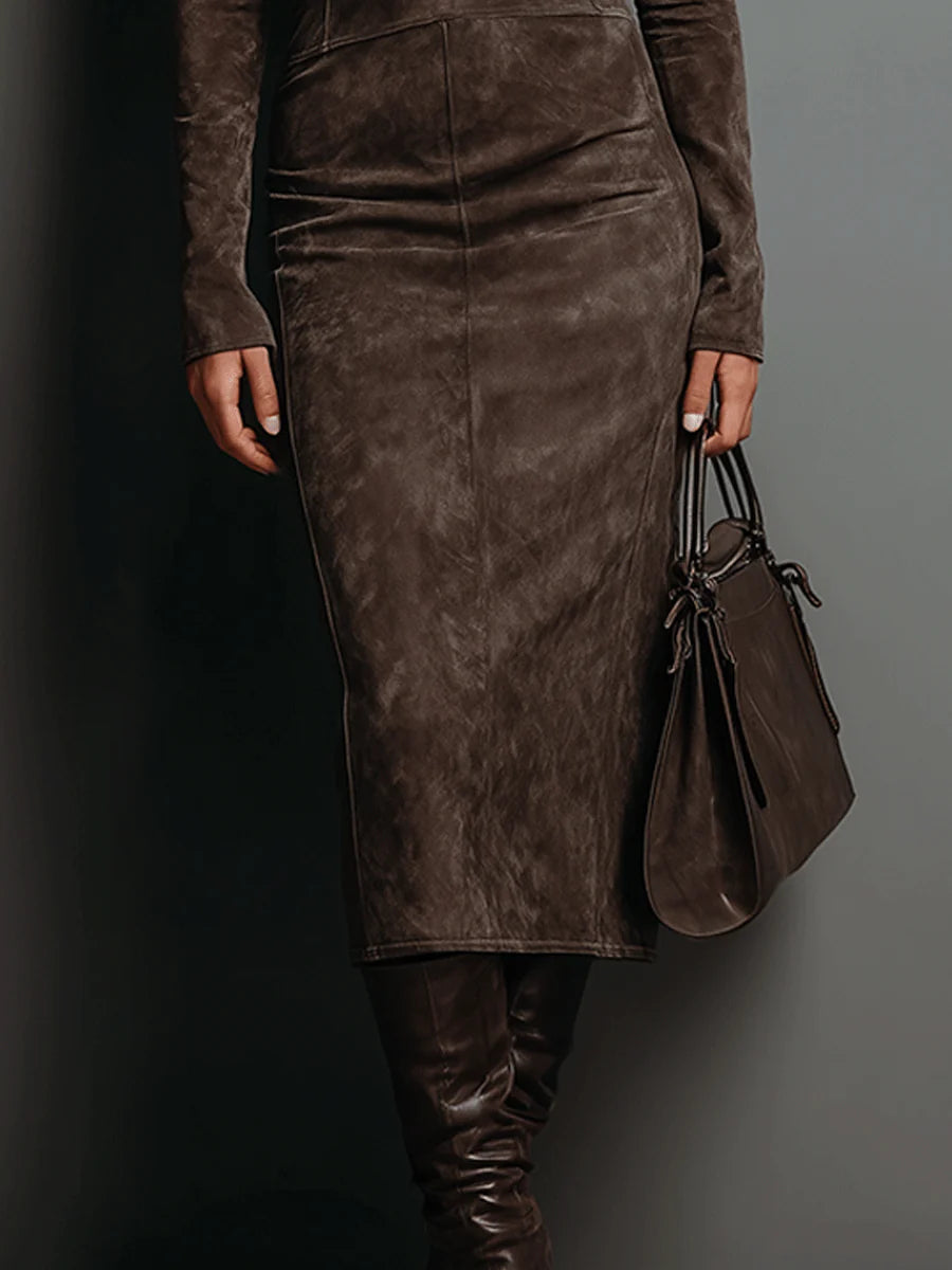 Midi dress with long sleeves made of suede with a high neckline