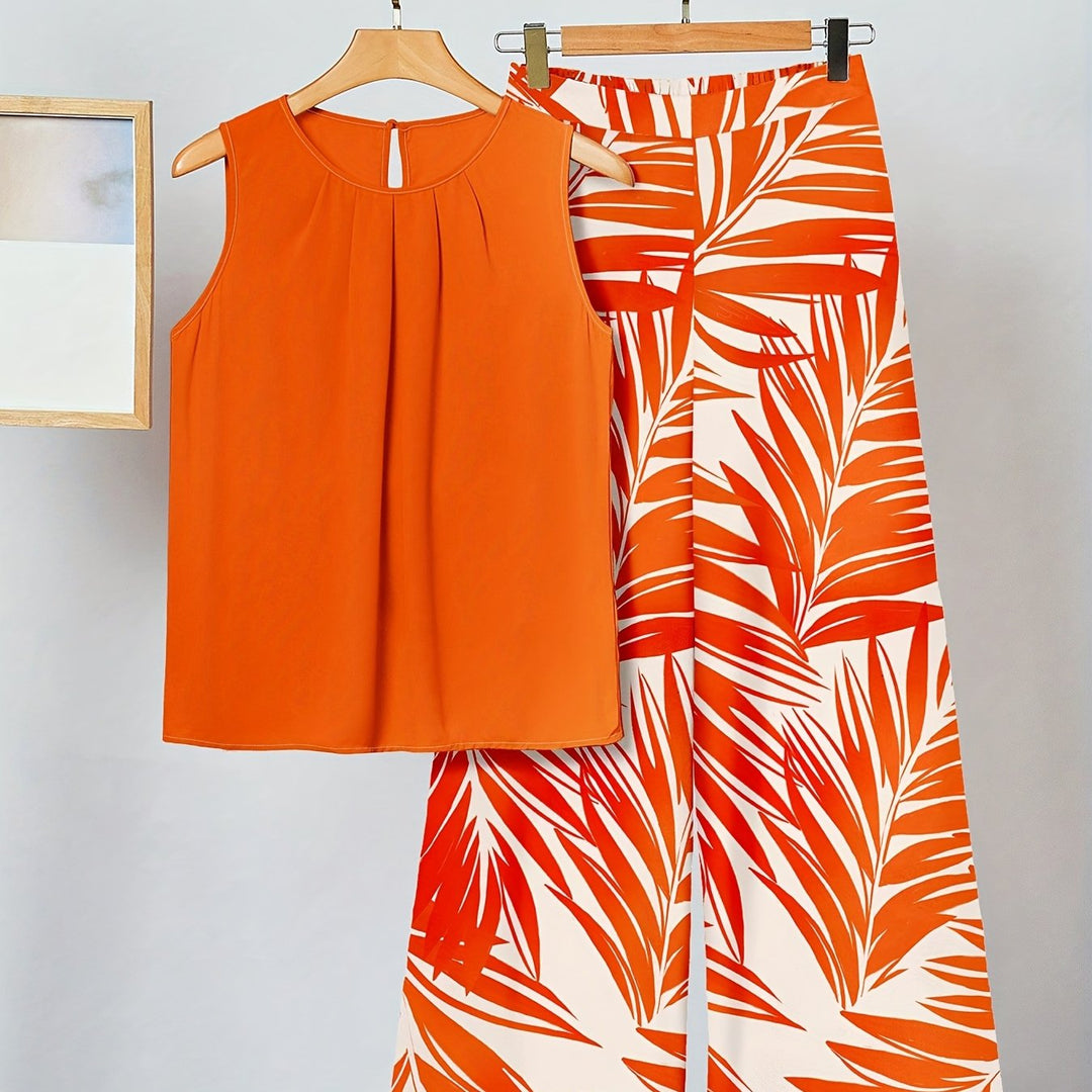 [Orange Vacation Outfit] 2pcs Set Women's Orange Printed Vacation Outfit, Suitable for Summer Women's Summer Vacation Wear Women's Elegant Vacation Wear Women's Beach Vacation Wear Women's Summer Vacation Wear Women's Island Vacation Wear