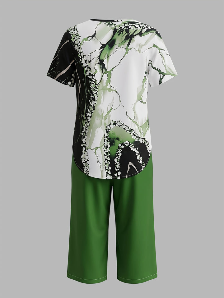 Women's Casual Short-sleeved Top + Solid Color Shorts