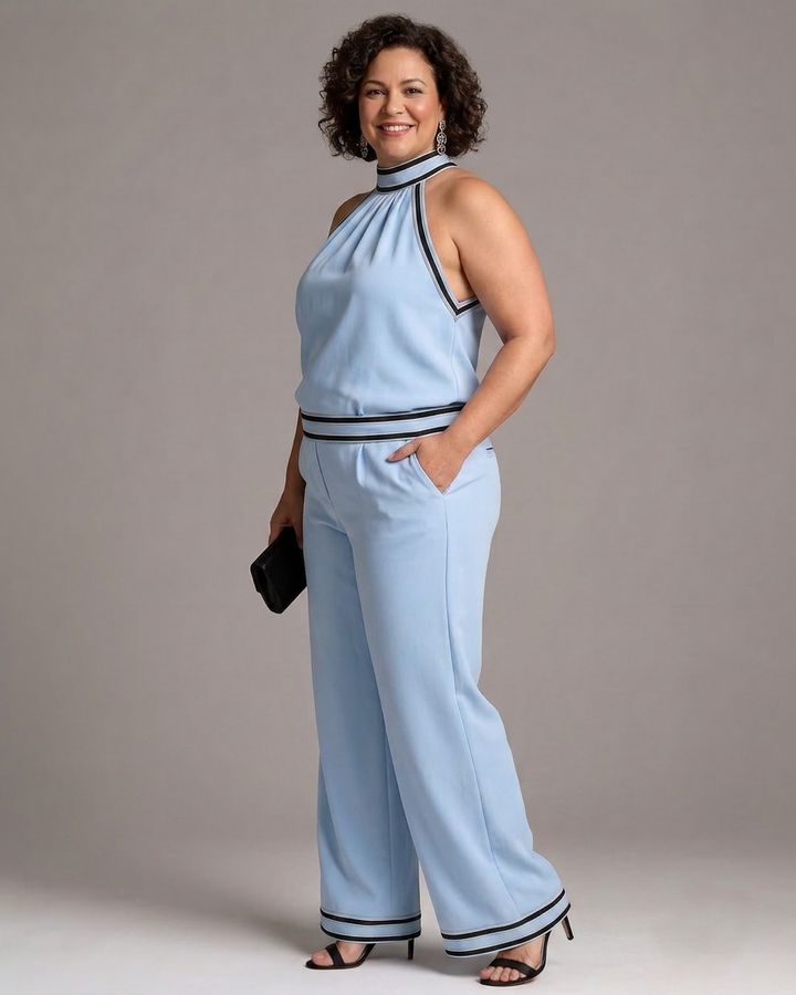 Zephyrine | Contrast Trim Halter Neck Wide Leg Jumpsuit