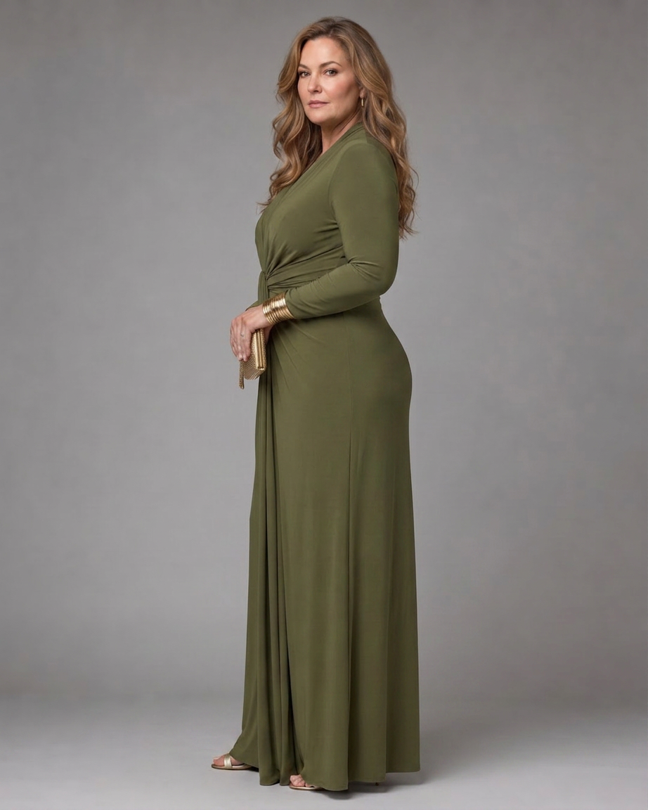 Vimmer | Draped Deep V Neck Long Sleeve Maxi Dress