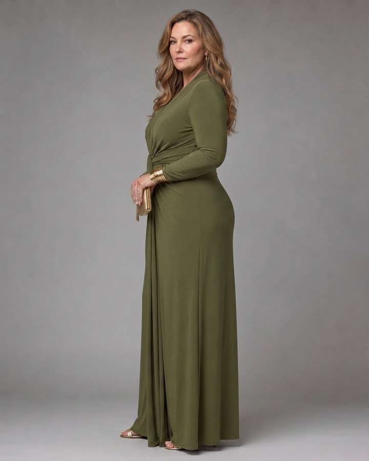 Vimmer | Draped Deep V Neck Long Sleeve Maxi Dress
