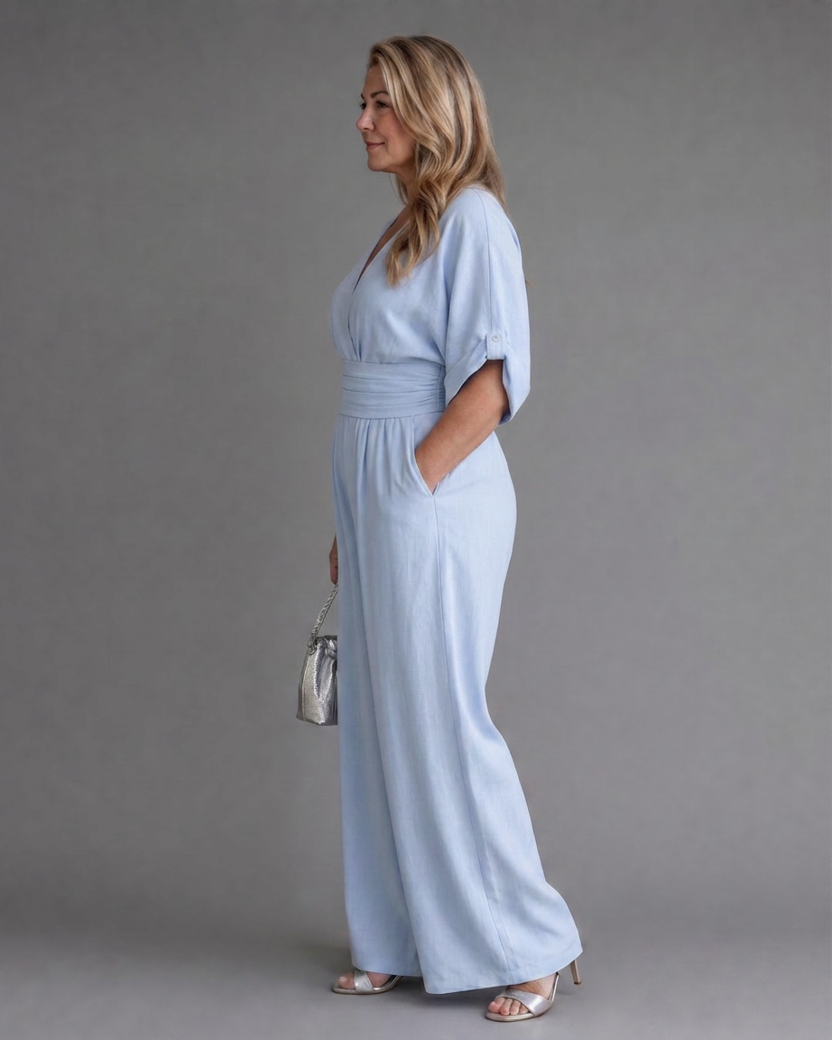 Emene | Draped V Neck Wide Leg Relaxed Jumpsuit