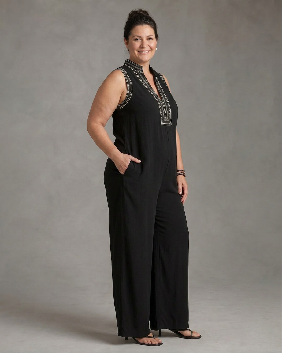 Velmira | Embroidered V Neck Sleeveless Wide Leg Jumpsuit