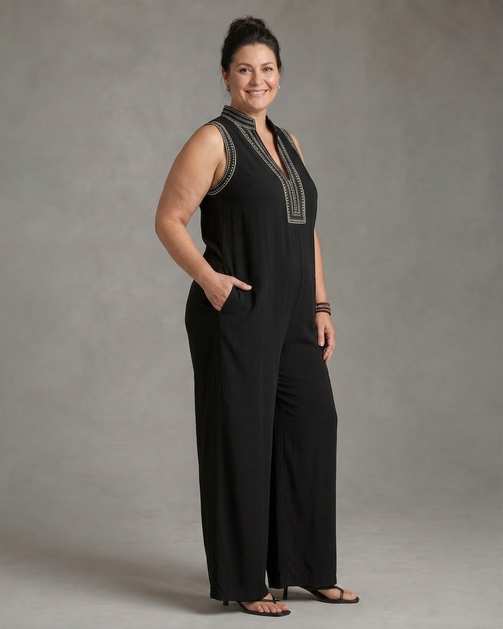 Velmira | Embroidered V Neck Sleeveless Wide Leg Jumpsuit