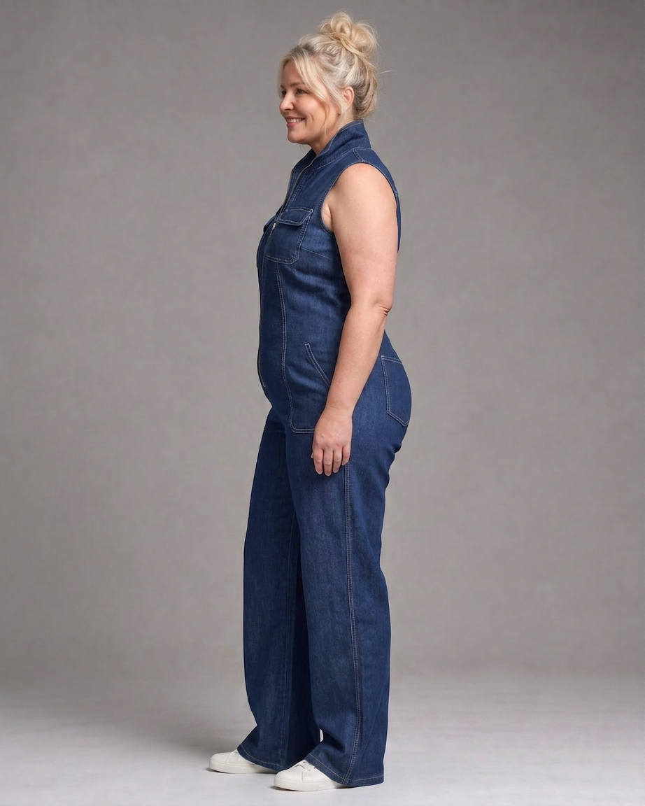 Samantha | Zip Front Sleeveless Denim Wide Leg Jumpsuit