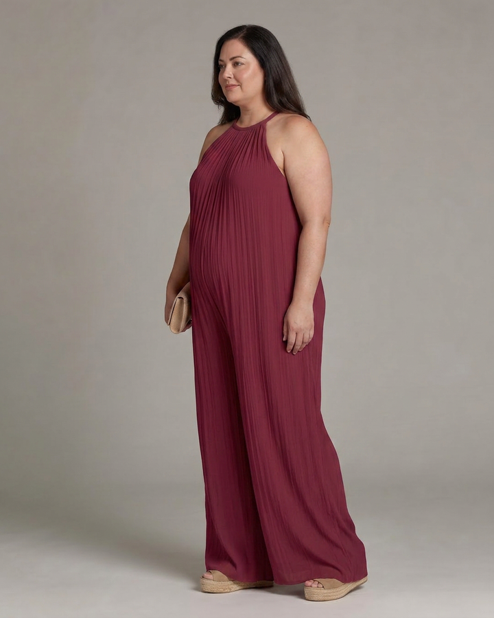 Sylvara | Pleated Halter Neck Wide Leg Relaxed Jumpsuit
