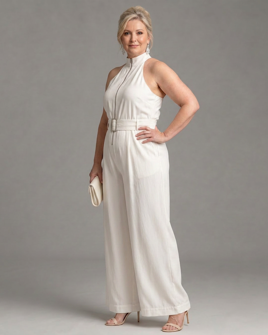 Astrielle | Belted High Neck Wide Leg Sleeveless Jumpsuit
