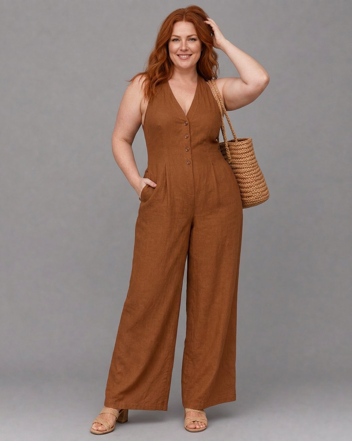 Lyssara | Button Front Sleeveless Wide Leg Relaxed Jumpsuit