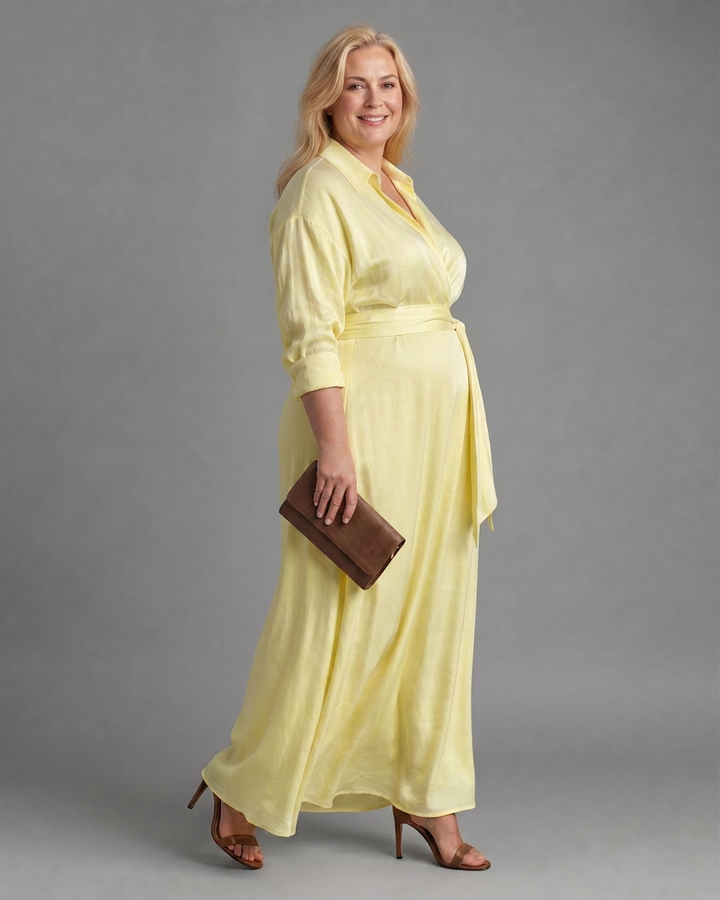 Zelith | Belted Collared Flowing Long Sleeve Midi Dress