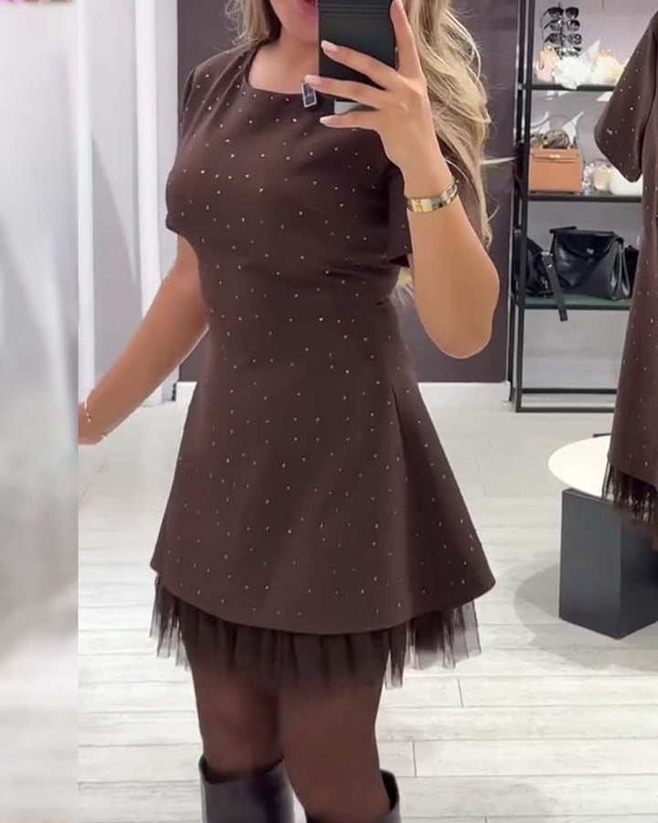 Martina - Black Flared Dress with Shiny Details and Tulle Hem