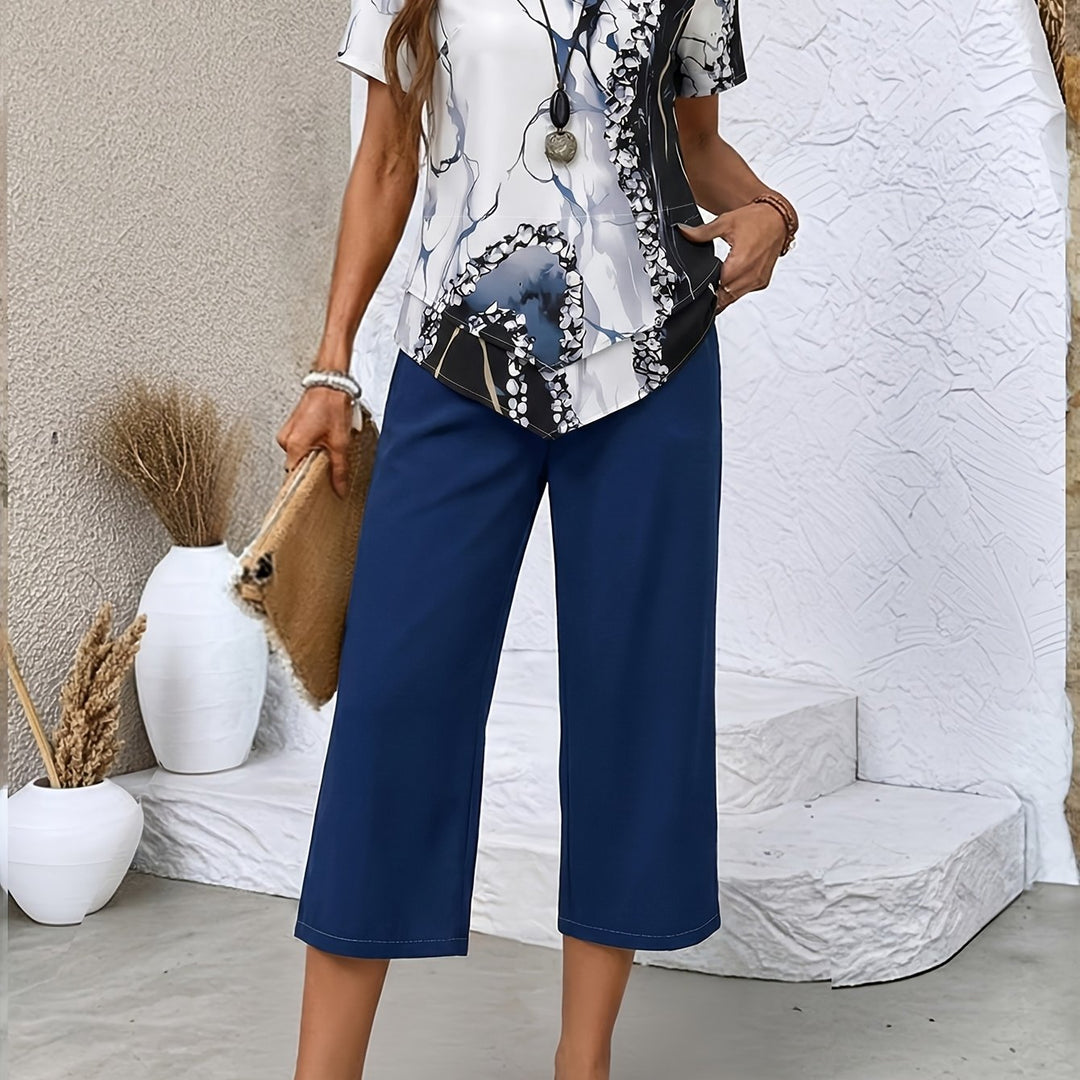 Women's Casual Short-sleeved Top + Solid Color Shorts
