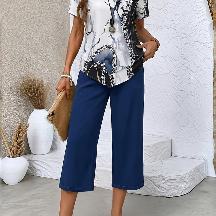 Women's Casual Short-sleeved Top + Solid Color Shorts