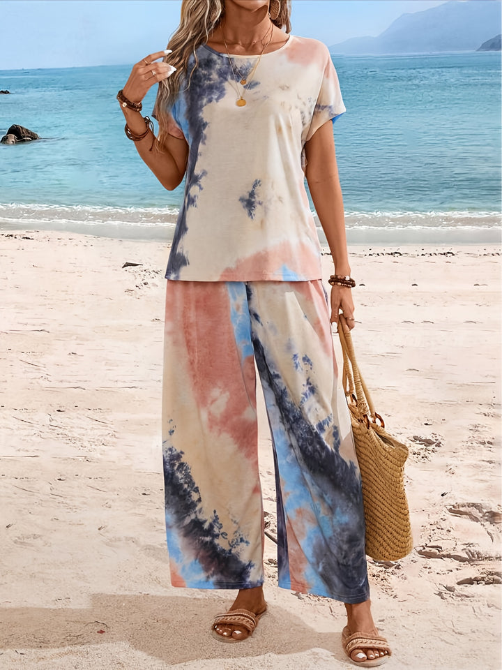 Spring Summer Casual Tie-Dye Printed Round Neck Short Sleeve Top T-Shirt, Drawstring Elastic Waist Straight Long Pants Women'S Pants Set
